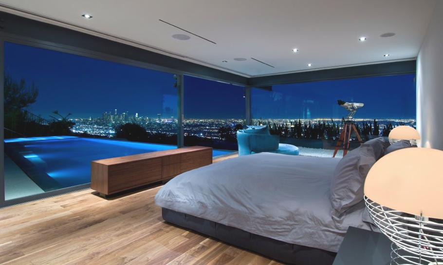 Bedroom With Pool And View In Hollywood Hills of California, USA.